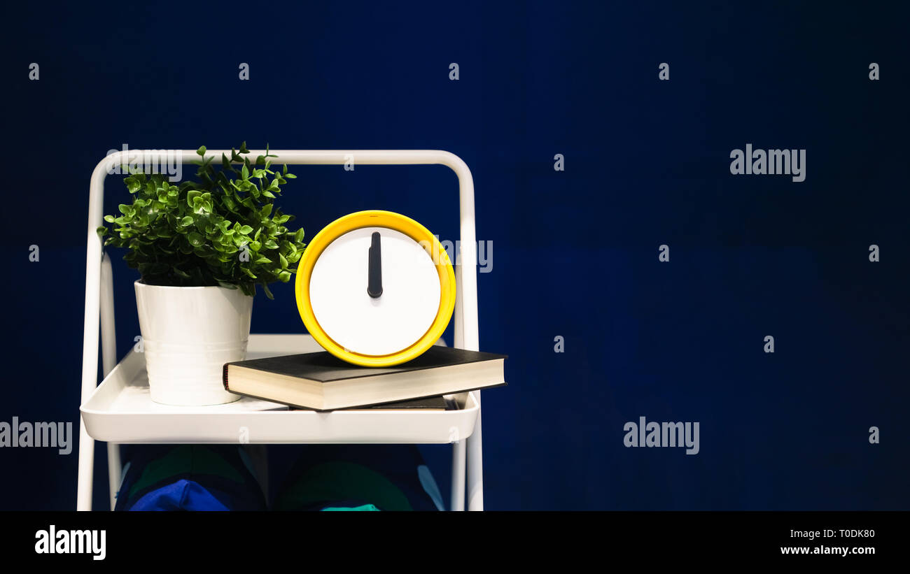 Wecker und Blumentopf auf blauem Hintergrund mit kopieren. Die Uhrzeit auf dem Regal mit grünen Pflanzen bei 12 Uhr. Stockfoto