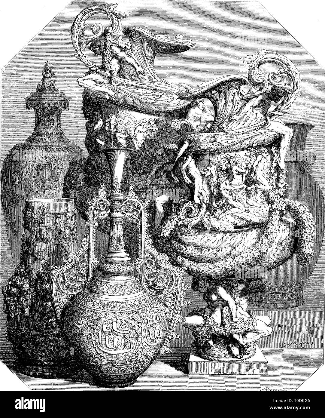 Digital verbesserte Reproduktion, Keramik, Vasen auf der Weltausstellung 1855 in Paris, Frankreich, original woodprint Th 19. Stockfoto