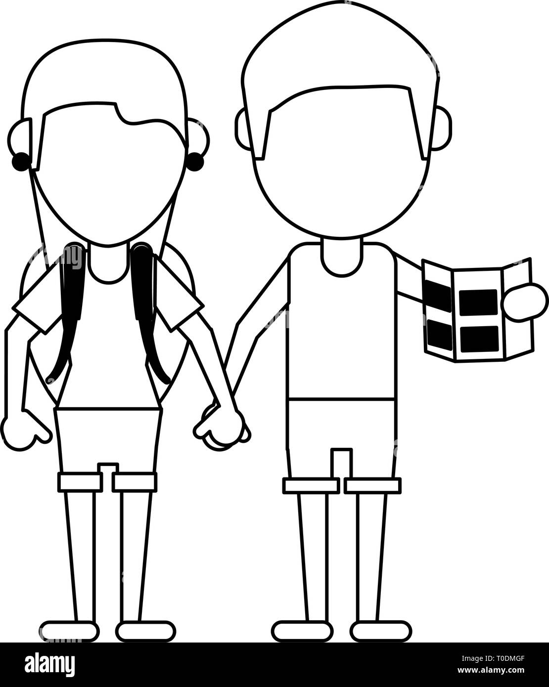 Paar Touristen Avatar Cartoon in schwarz und weiß Stock Vektor