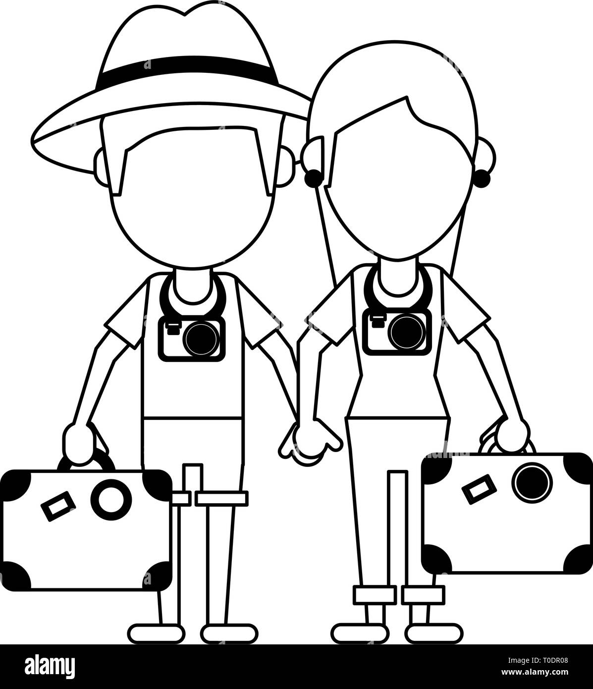 Paar Touristen Avatar Cartoon in schwarz und weiß Stock Vektor