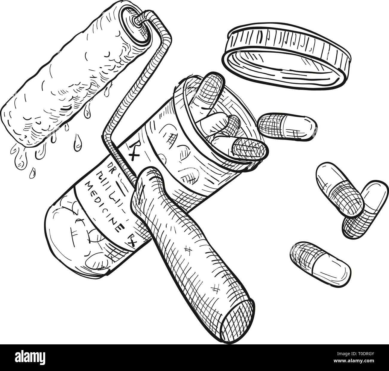 Zeichnung Skizze stil Abbildung eines Konzepts der Farbe Arzt mit einem gekreuzten Farbroller und Medizin oder Pille Kapsel container Flasche auf isolieren Stock Vektor