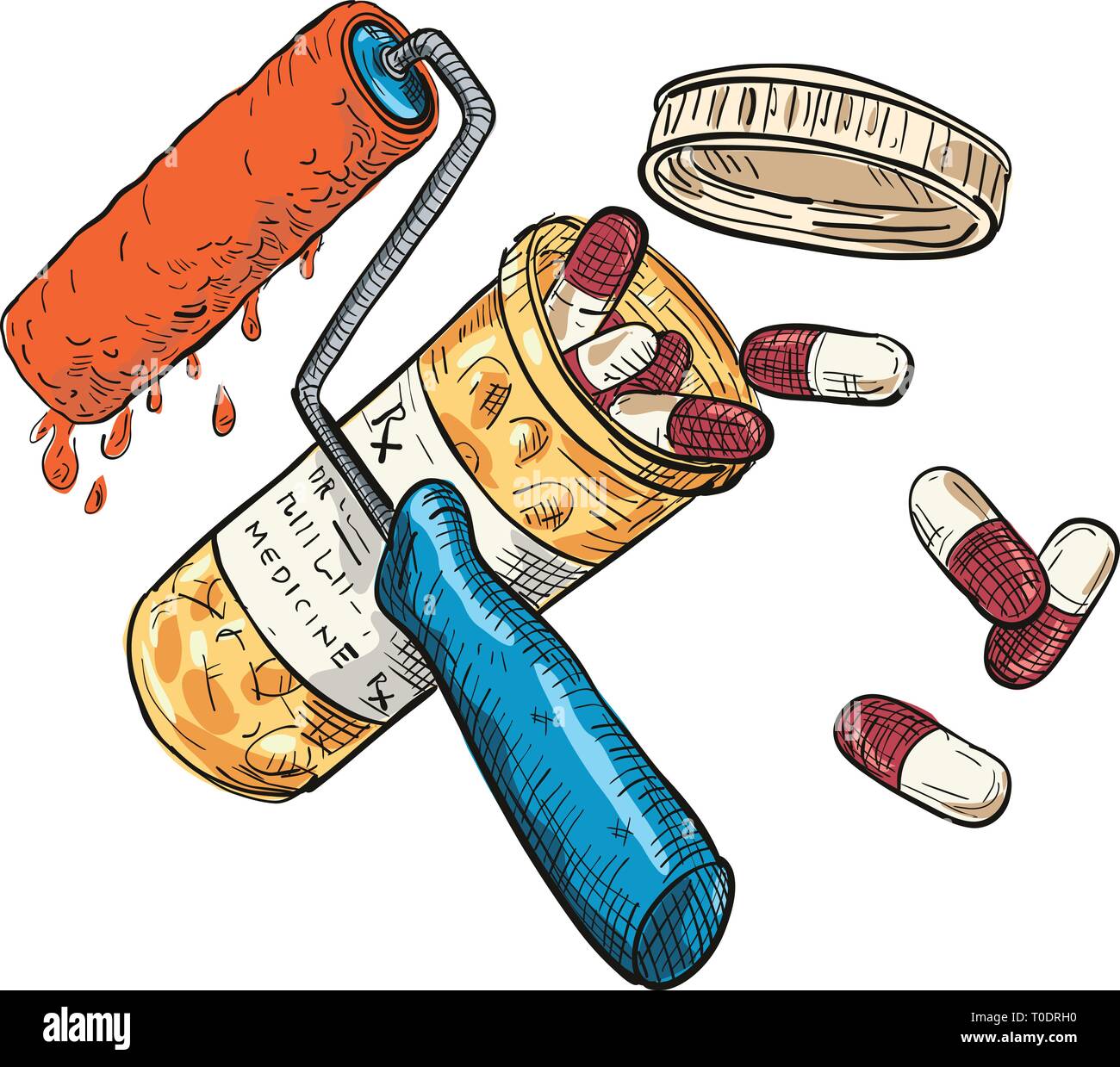 Zeichnung Skizze stil Abbildung: Konzept der Farbe Arzt gezeigt als gekreuztes Farbroller und Medizin oder Pille Kapsel container Flasche auf isolierte Stock Vektor