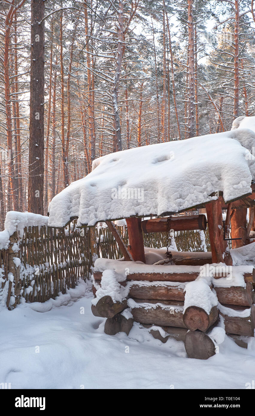 Alte traditionelle Holz- land gut gut von Protokollen im Winter mit Schnee bedeckt. Stockfoto