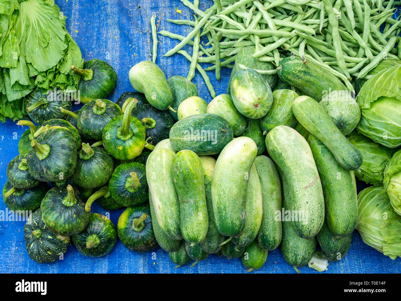 Winter, grüne Melone, Kürbis, Bohnen und Salat angezeigt für Verkauf, morgen Street Food Market, Luang Prabang, Laos, Se Asien Stockfoto