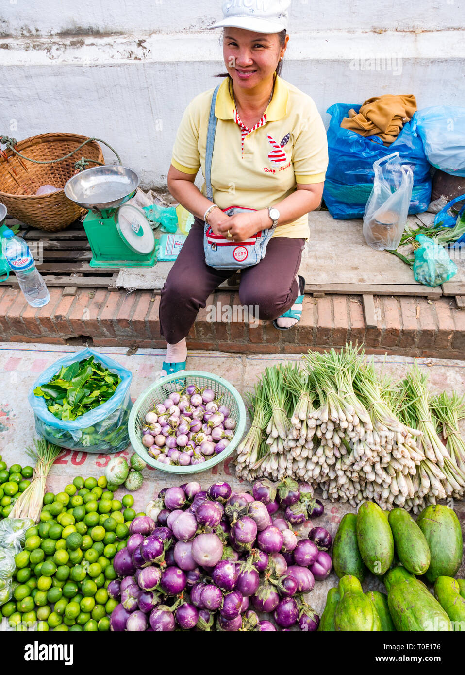 Lächelnde Frau Gemüse verkaufen mit Zitronengras, Melonen, Limonen, Thia violett Aubergine, morgen Street Food Market, Luang Prabang, Laos, Se Asien Stockfoto
