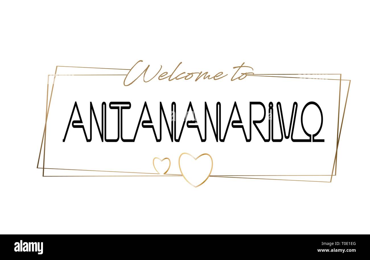 Antananarivo Willkommen bei Text Neon Schrift und Typografie. Wort für Logo, Emblem, Symbol, Karte, Postkarte, Logo, Banner mit drahtgebundenen goldenen Rahmen und Hören Stock Vektor
