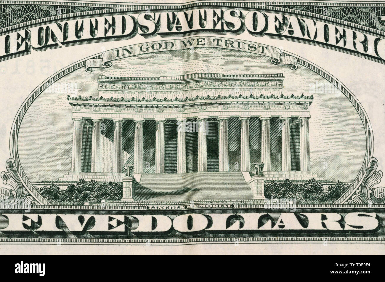 Detail einer 5 Dollar Banknote mit Lincoln Memorial Stockfoto