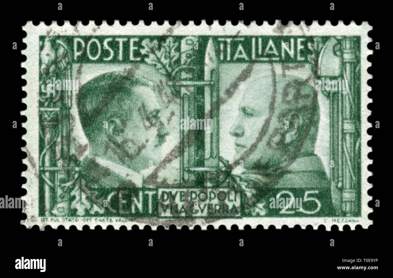 Italienische historische Stempel: Deutsch-italienische Bruderschaft in den Armen, Portraits von Hitler und Mussolini mit Symbolen der nationalsozialistischen und faschistischen Regimes, Italien Stockfoto