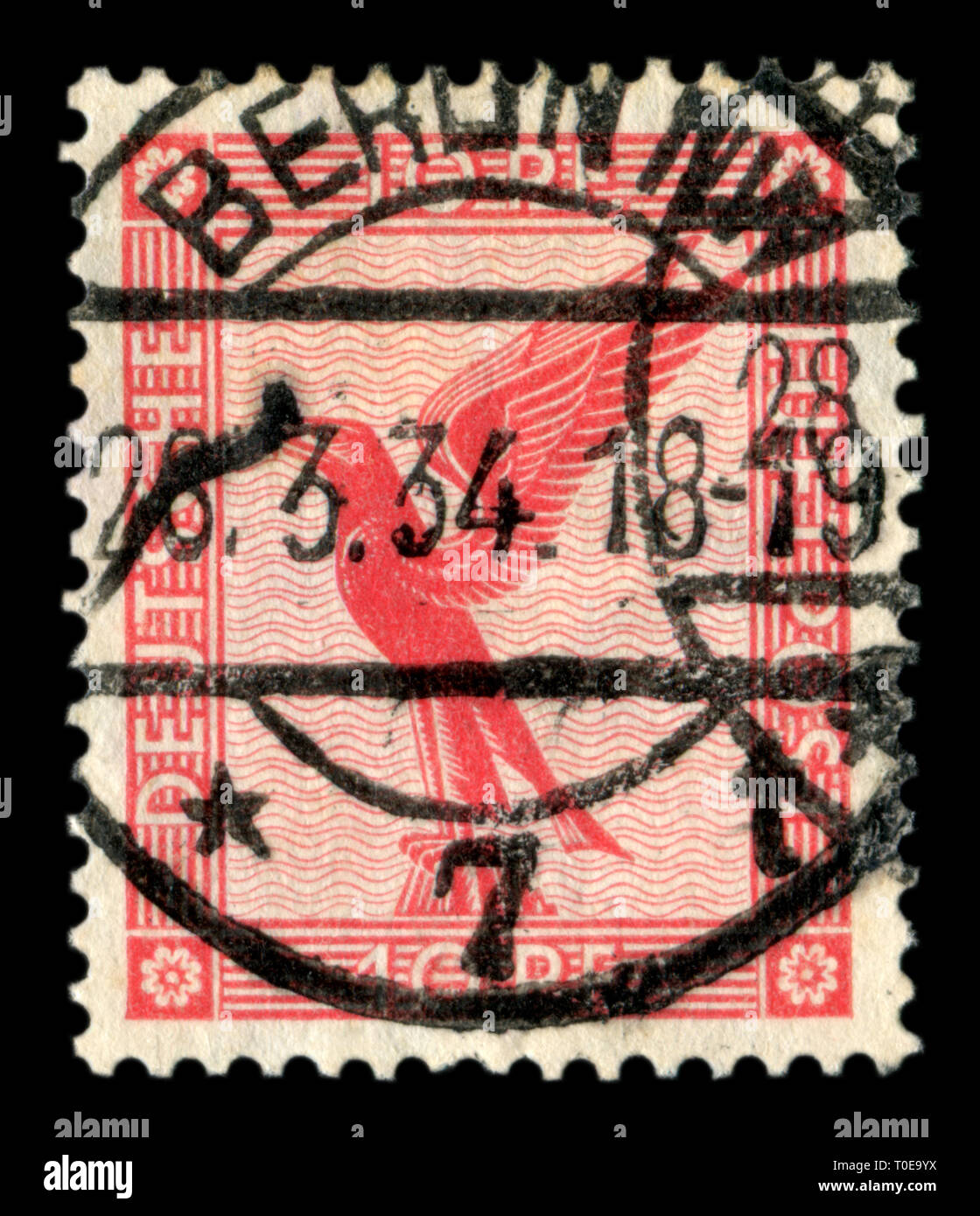 Deutsche historische Stempel: Die Falcon breitete seine Flügel als Symbol der Luftpost. Doppel Stornierung, Air Mail, Berlin, Weimarer Republik Stockfoto