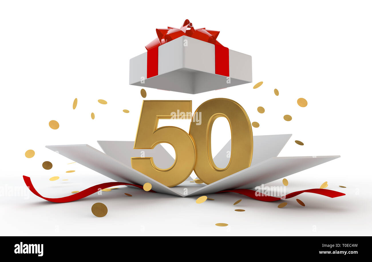 Happy 50th birthday gold Überraschung boxwith Red Ribbon. 3D-Rendering Stockfoto