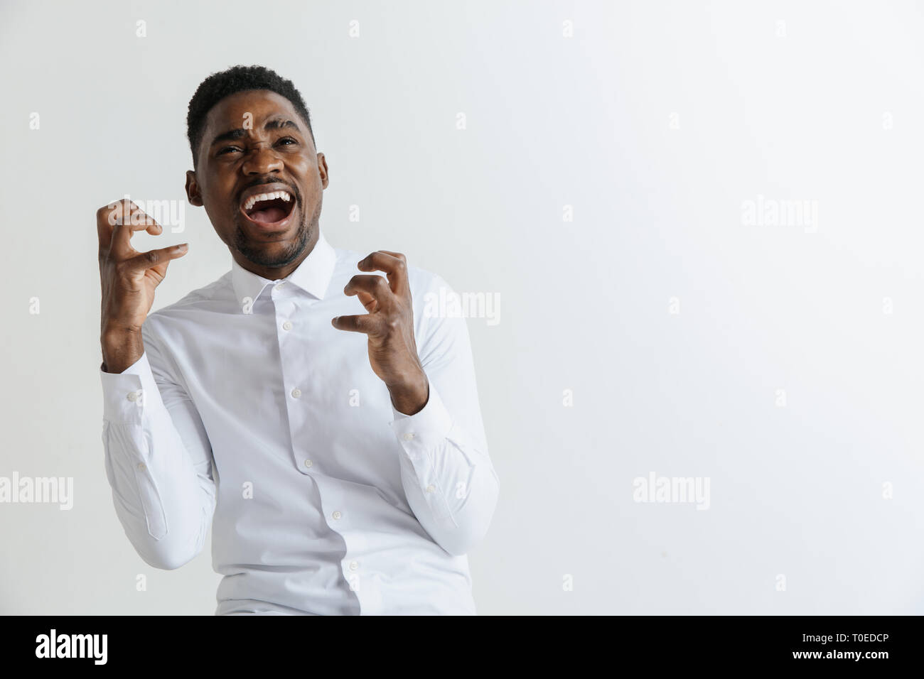 Wow. Attraktive männliche Hälfte - Länge vorne Portrait auf Grau studio Hintergrund. Jungen afro emotionale überrascht, bärtigen Mann mit offenen Mund. Menschliche Gefühle, Mimik Konzept. Stockfoto