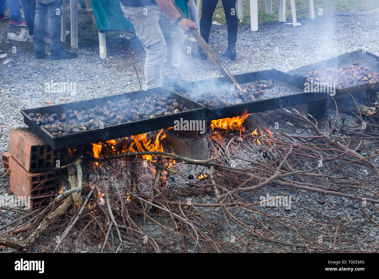 Eine handverlesene Gruppe von raw Kastanien, gebraten auf offenem Feuer in Livadi, während des jährlichen Festivals. Thessaloniki, Thessaloniki, Griechenland Stockfoto