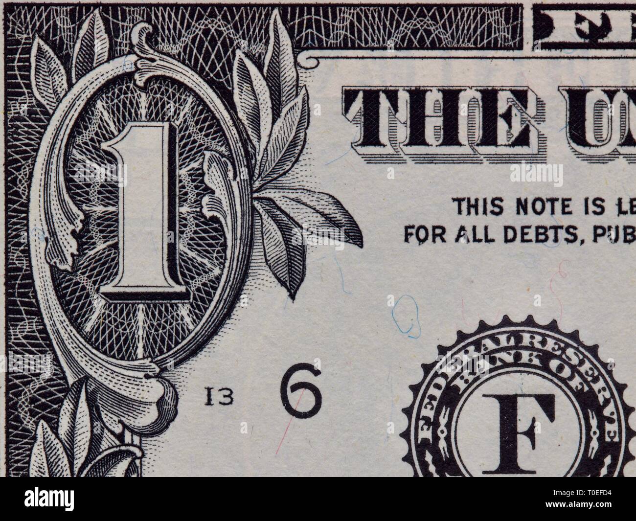 Makroaufnahme zeigt die feine Details auf der einen Dollarschein Stockfoto