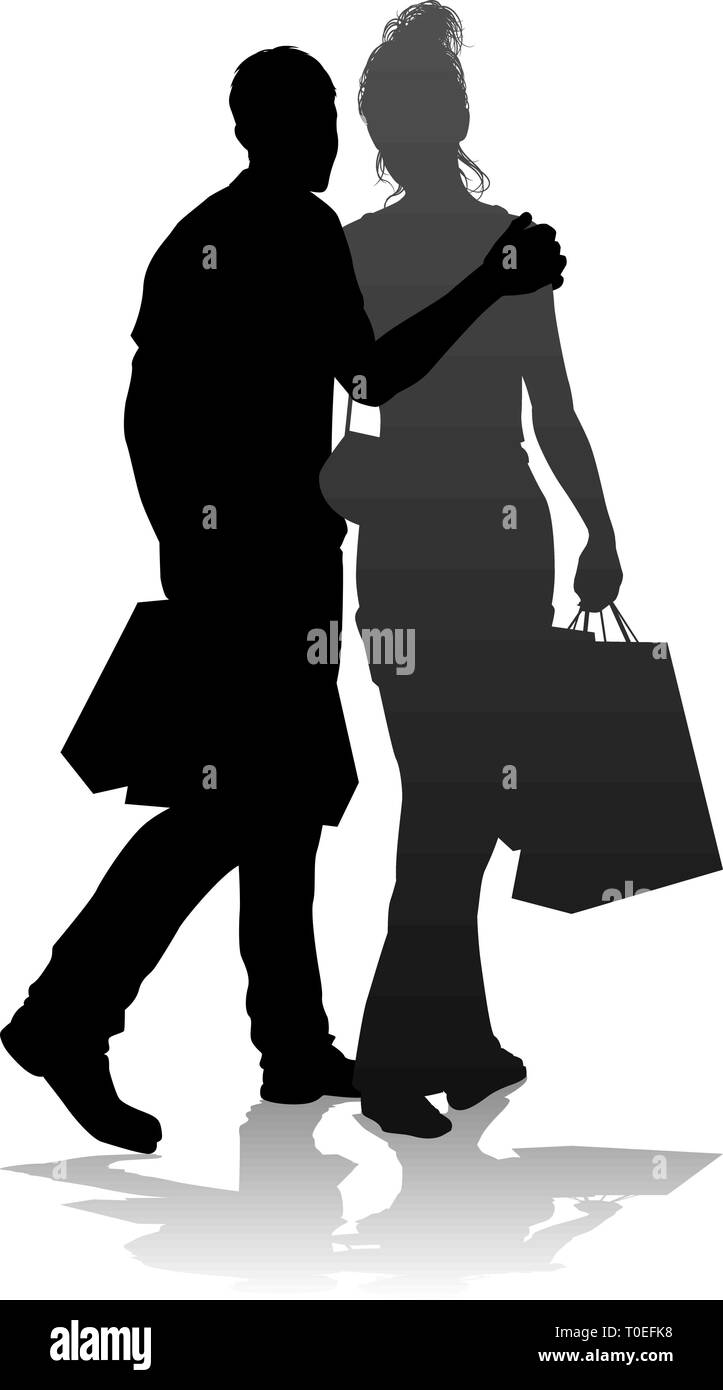 Junge Paar Einkaufen Silhouetten Stock Vektor