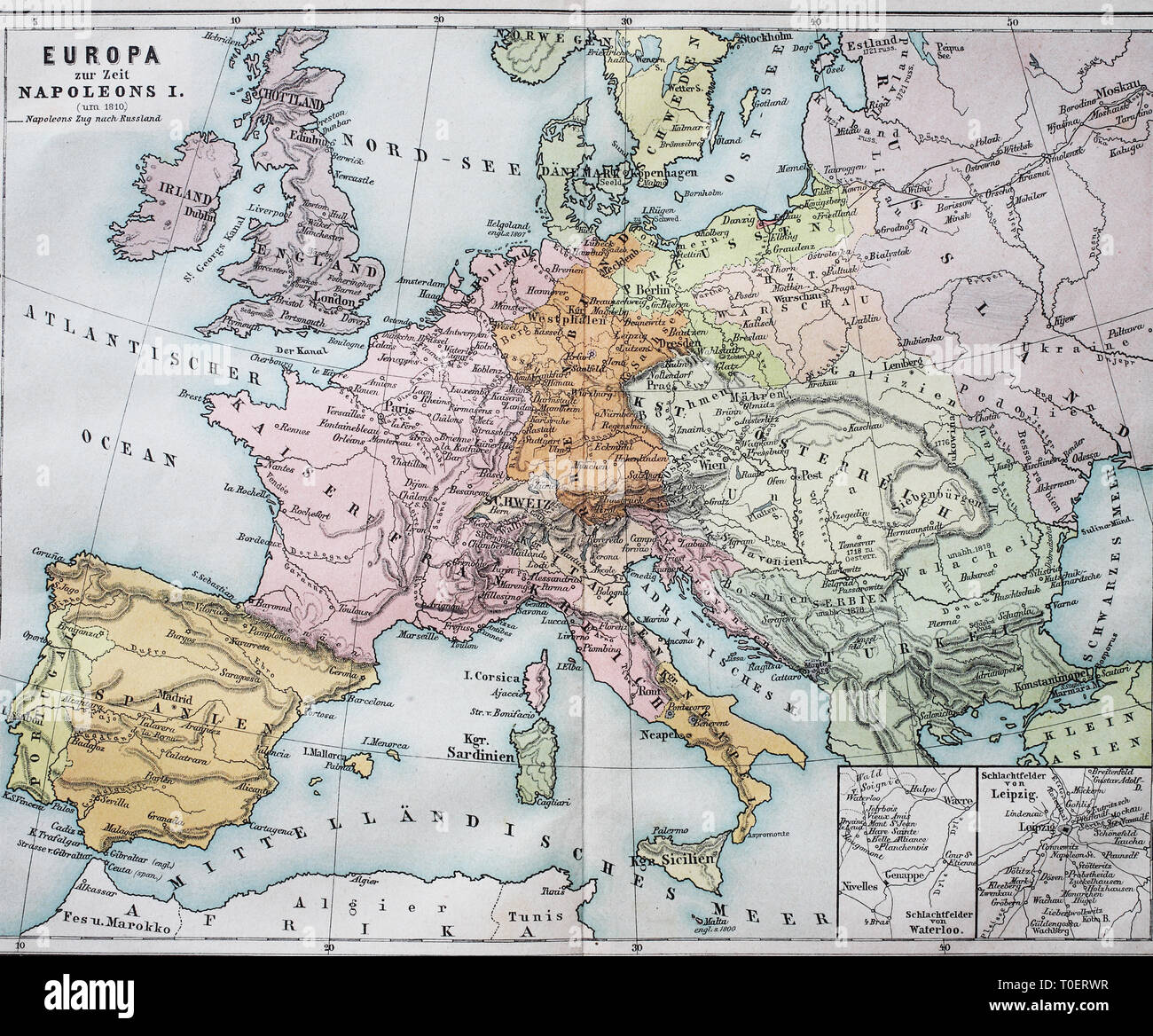 Historische Karte von Europa aus der Zeit von Napoleon I./Historische Landkarte von Europa zur Zeit von Napoleon I. Stockfoto