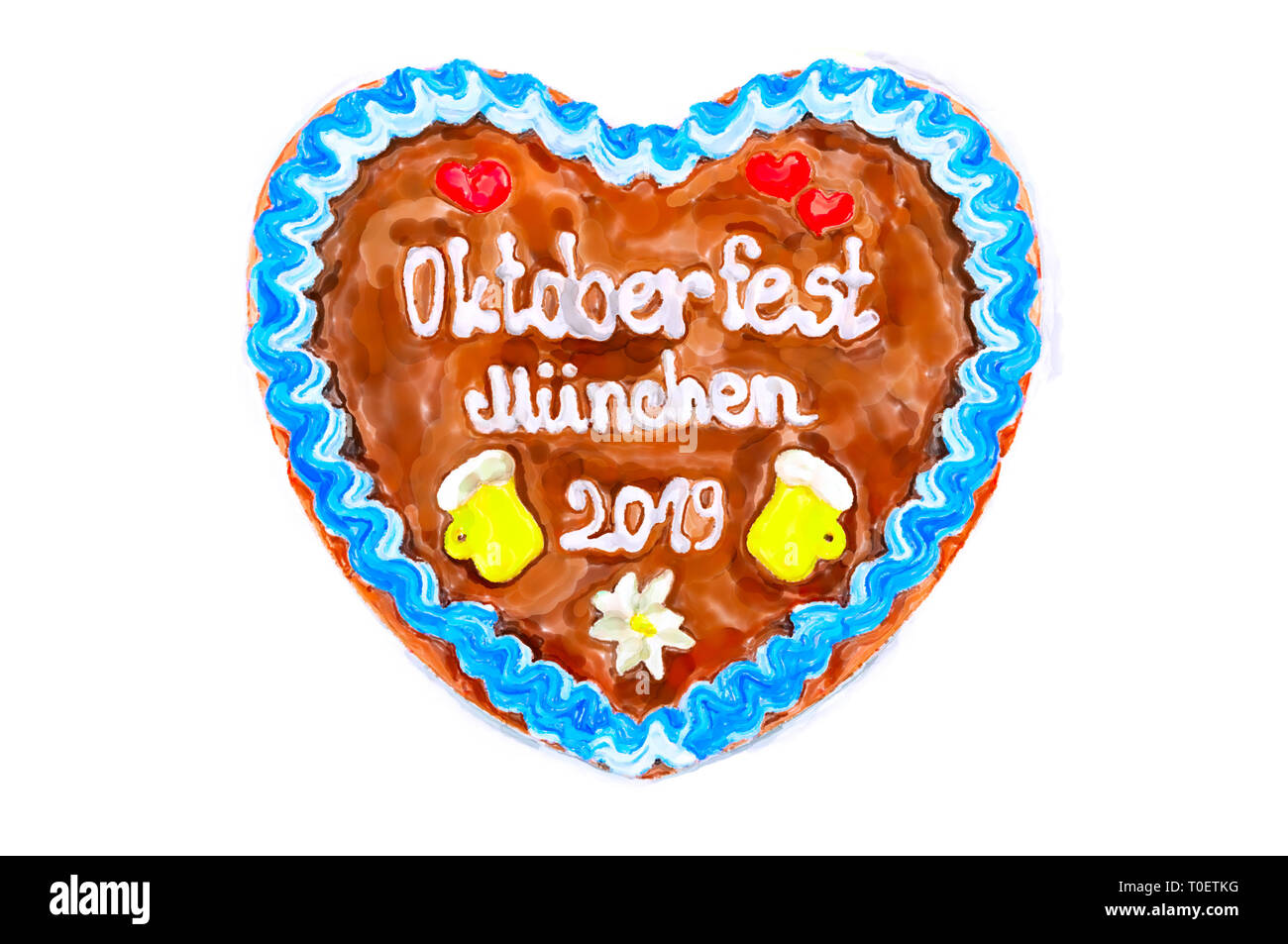 Oktoberfest 2018 Lebkuchenherz mit weißem Hintergrund isoliert. Abbildung: Stockfoto