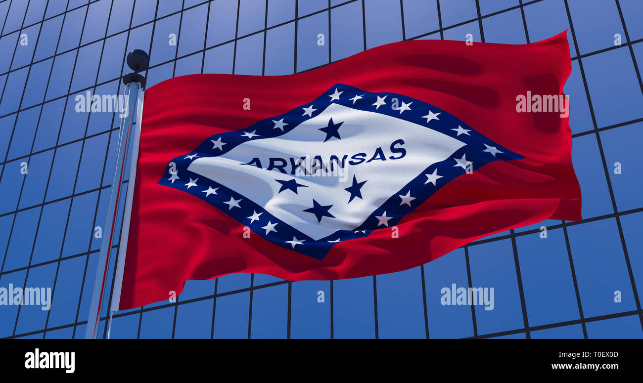 Arkansas State Flag auf Wolkenkratzer Gebäude Hintergrund. 3D-Darstellung Stockfoto