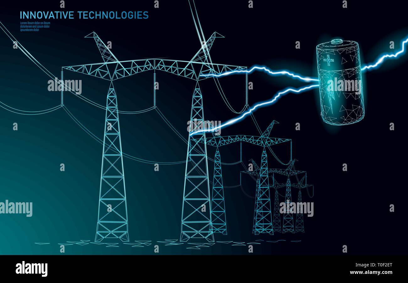 Polygonale Alkaline Batterie power line berechnet. Hohe Spannung der elektrischen Turm pylon. Lightning Thunder Low Poly polygon Partikel Raum dunkler Himmel Stock Vektor
