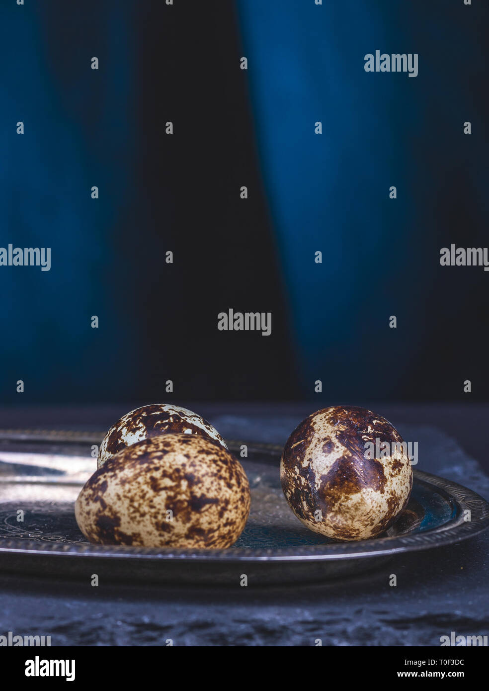 Mehrere Eier von der Wachtel auf Silber, oval Tablett auf einer blauen Tabelle. Stockfoto