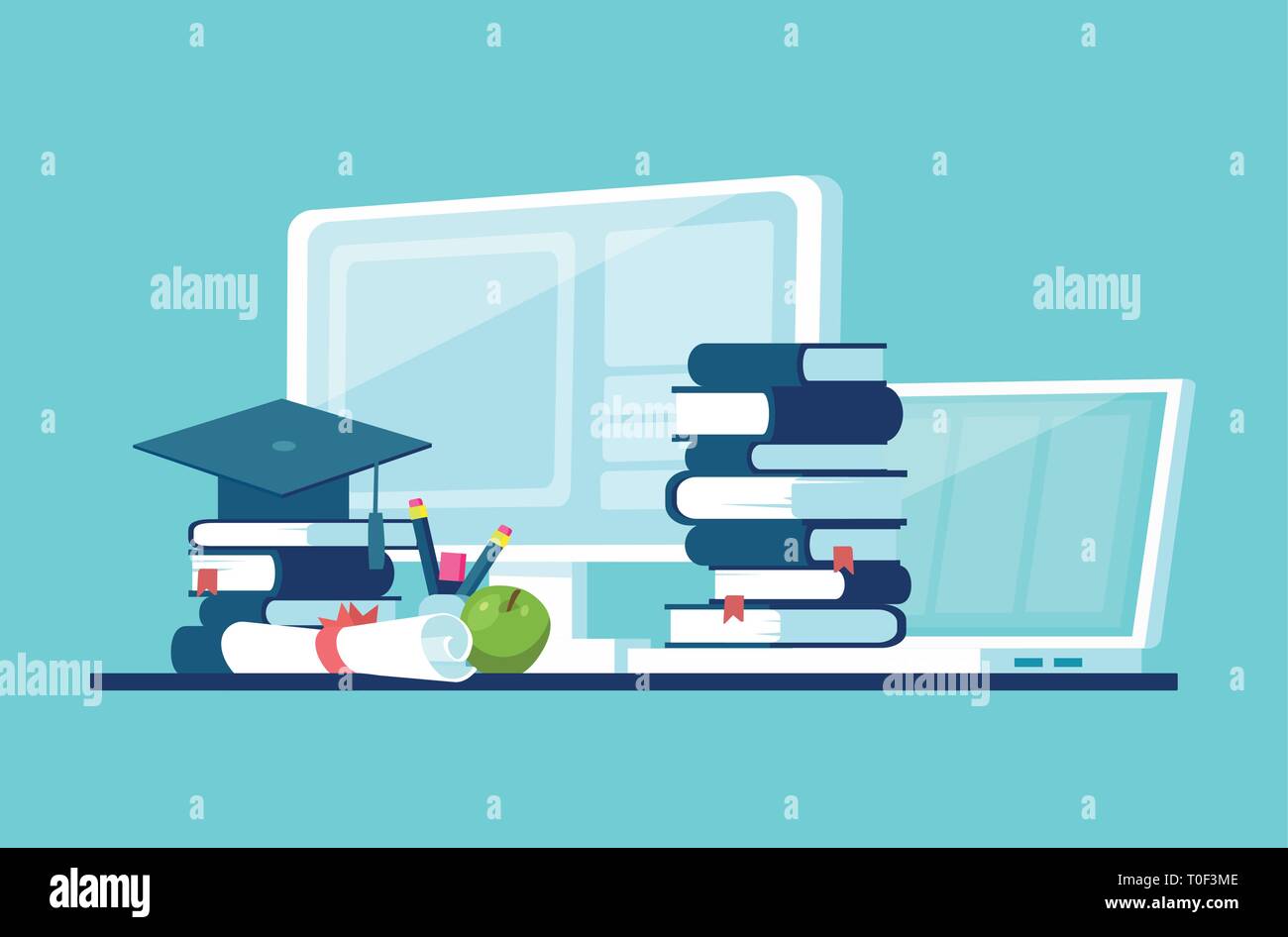 Vektor Konzept für Distance Education, online lernen mit Haufen von Buch; Computer; Diplom und skalenhaube Stock Vektor