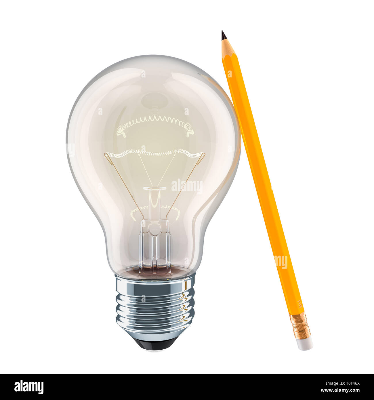 Bleistift und Glühlampe, Idee, Konzept. 3D-Rendering auf weißem Hintergrund Stockfoto