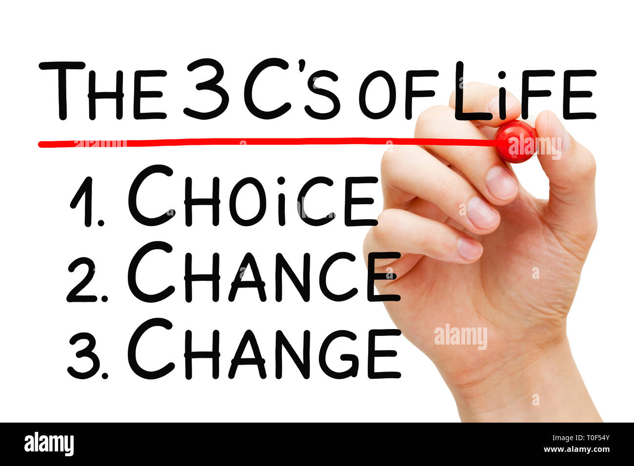 Hand schreiben Wahl Chance, ändern Sie die drei C's des Lebens Konzept. Eine Wahl eine Chance, eine Änderung vorzunehmen. Stockfoto