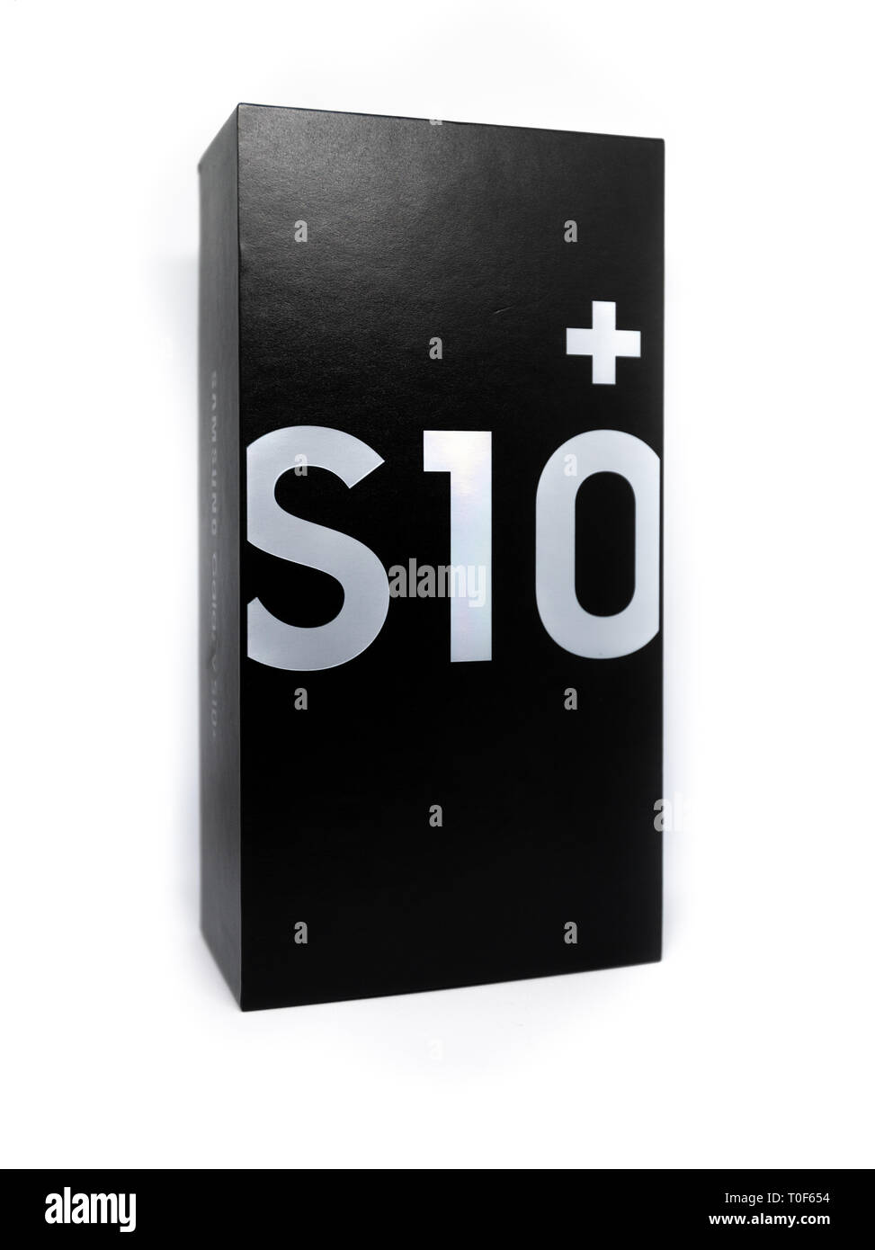 Samsung Galaxy S10 +Box gegen einen weißen Hintergrund isoliert Stockfoto