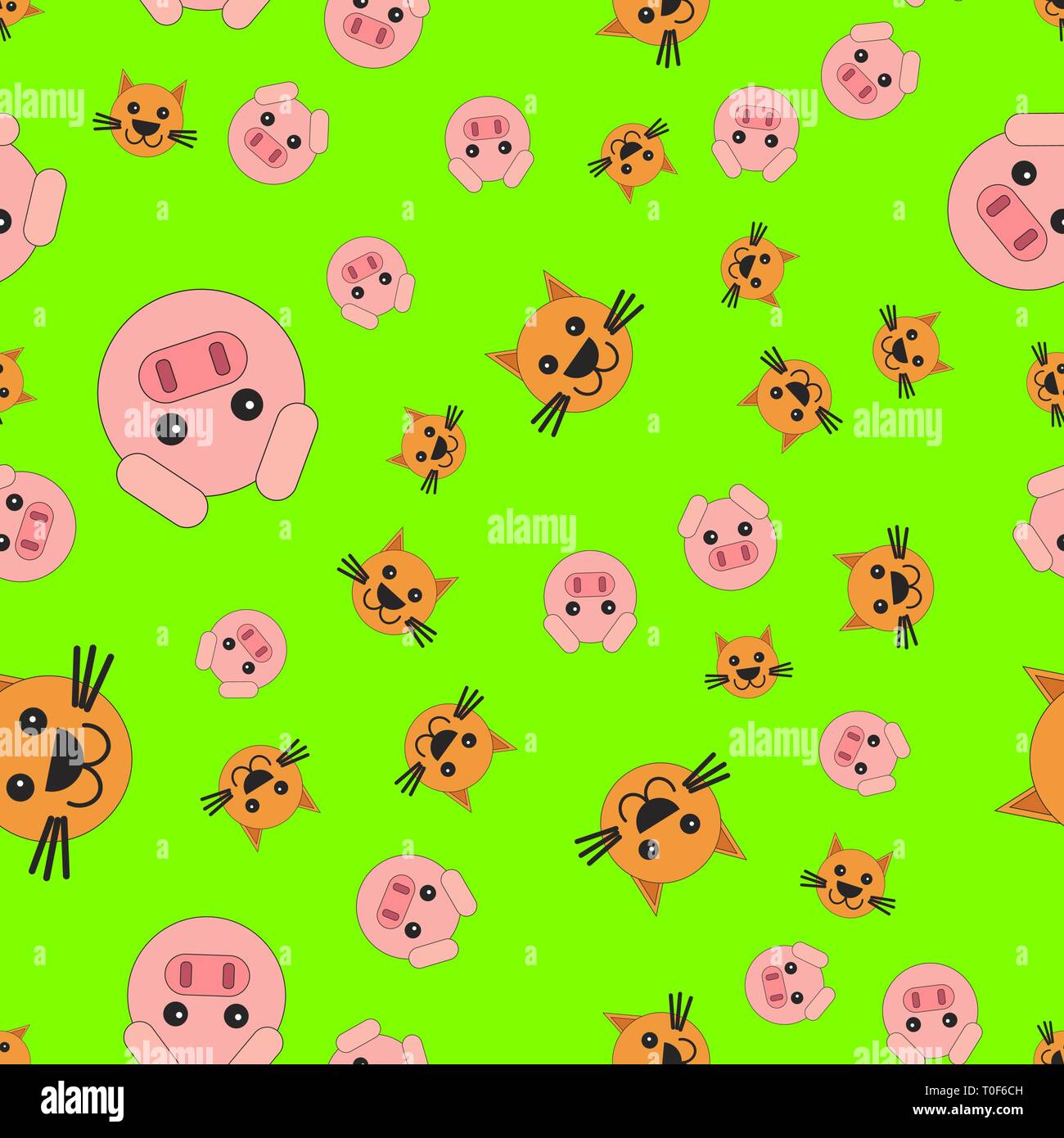 Nahtlose Muster der Katze und Schwein. Vector Illustration im Cartoon Stil auf einem farbigen Hintergrund. Stock Vektor