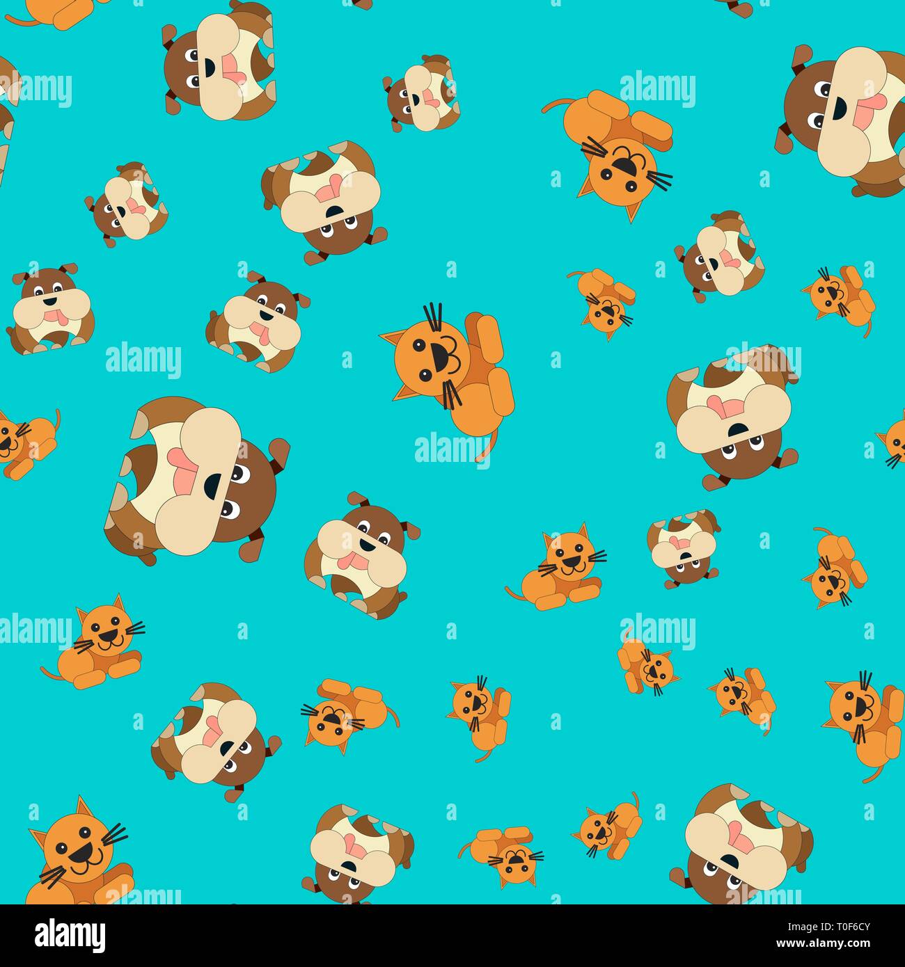 Nahtlose Muster von Katze und Hund. Vector Illustration im Cartoon Stil auf einem farbigen Hintergrund. Stock Vektor