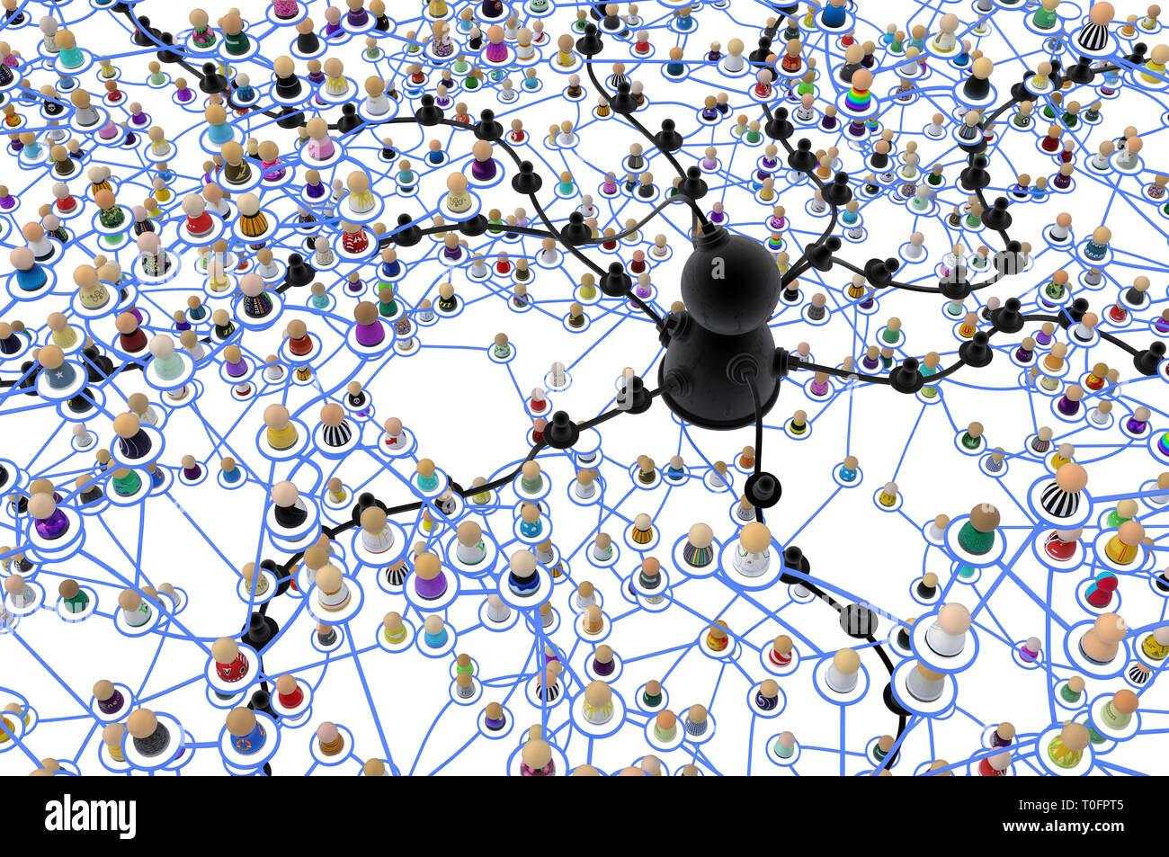 Masse von kleinen symbolischen 3D-Figuren mit Linien, komplexe 2-in-1-System dunkle hub Abbildung verknüpft gesteckt Wege, über Weiß, horizontal Stockfoto