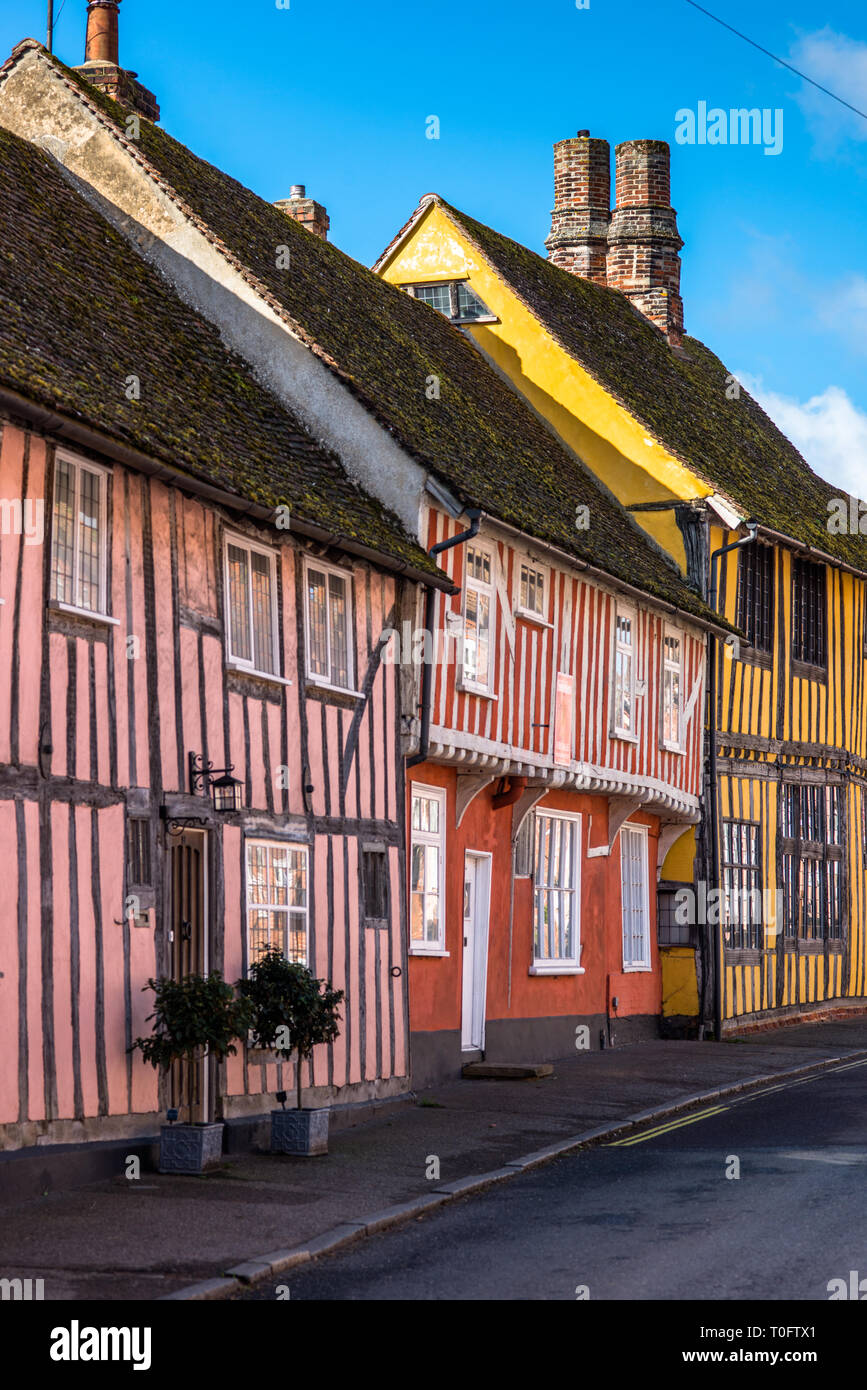 Fachwerk mittelalterliche Häuser, Water Street, Lavenham, Suffolk, England, Vereinigtes Königreich Stockfoto