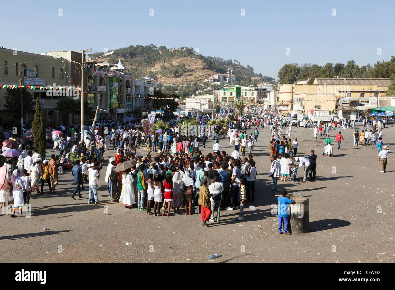 Gonder, Äthiopien, 18. Februar 2015: Einheimische feiern die Timkat Festival in der Stadt Gonder, die wichtige Äthiopische Orthodoxe Feier der Epipha Stockfoto