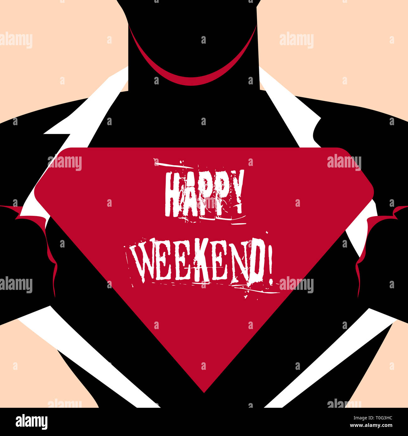 Handschrift text Happy Weekend. Konzeptionelle Foto etwas Schönes passiert ist oder Sie fühlen sich zufrieden mit dem Leben Mann in Superman Pose Öffnung seiner Shirt t Stockfoto