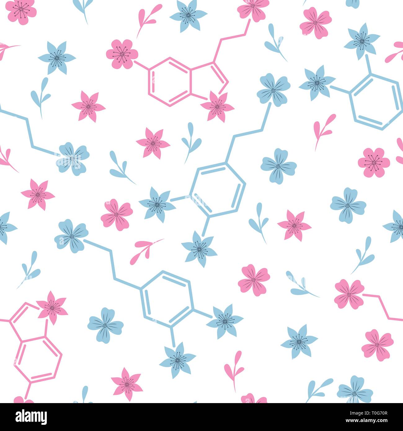 Serotonin und Dopamin Moleküle und Blumen nahtlose Muster Stock Vektor