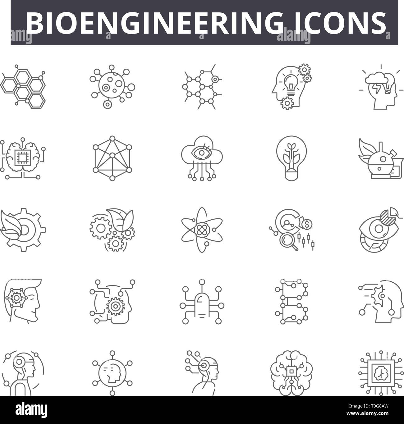 Bioengineering Zeile für Symbole für Web und mobile Design. Editierbare Schlaganfall Anzeichen. Bioengineering Entwurfskonzept Abbildungen Stock Vektor