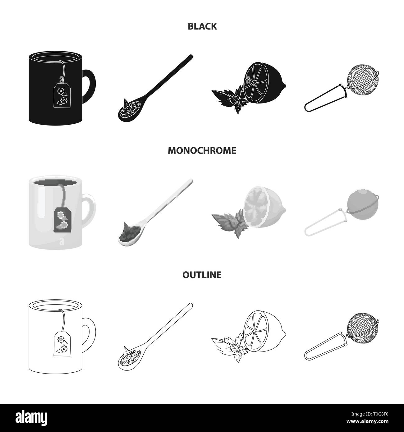 Schale, Löffel, Zitrone, Sieb, Tee, Zitrusfrüchte, Frühstück, Geschmack, Küche, Trinken, Blatt, Werkzeug, heiß, Kräuter, frisch, Kugel, Minze, Landwirtschaft, Trinken, Porzellan, Natur, Sieb, krümelig, Aroma, Container, Garten, Indien, Metall, gesund, blumig, Medizin, Gradient, Essen, natur, grün, schwarz, Produkt, Bio, Set, Vector, Icon, Illustration, isoliert, Sammlung, Design, Element, Grafik, Vektor, Vektoren, Stock Vektor