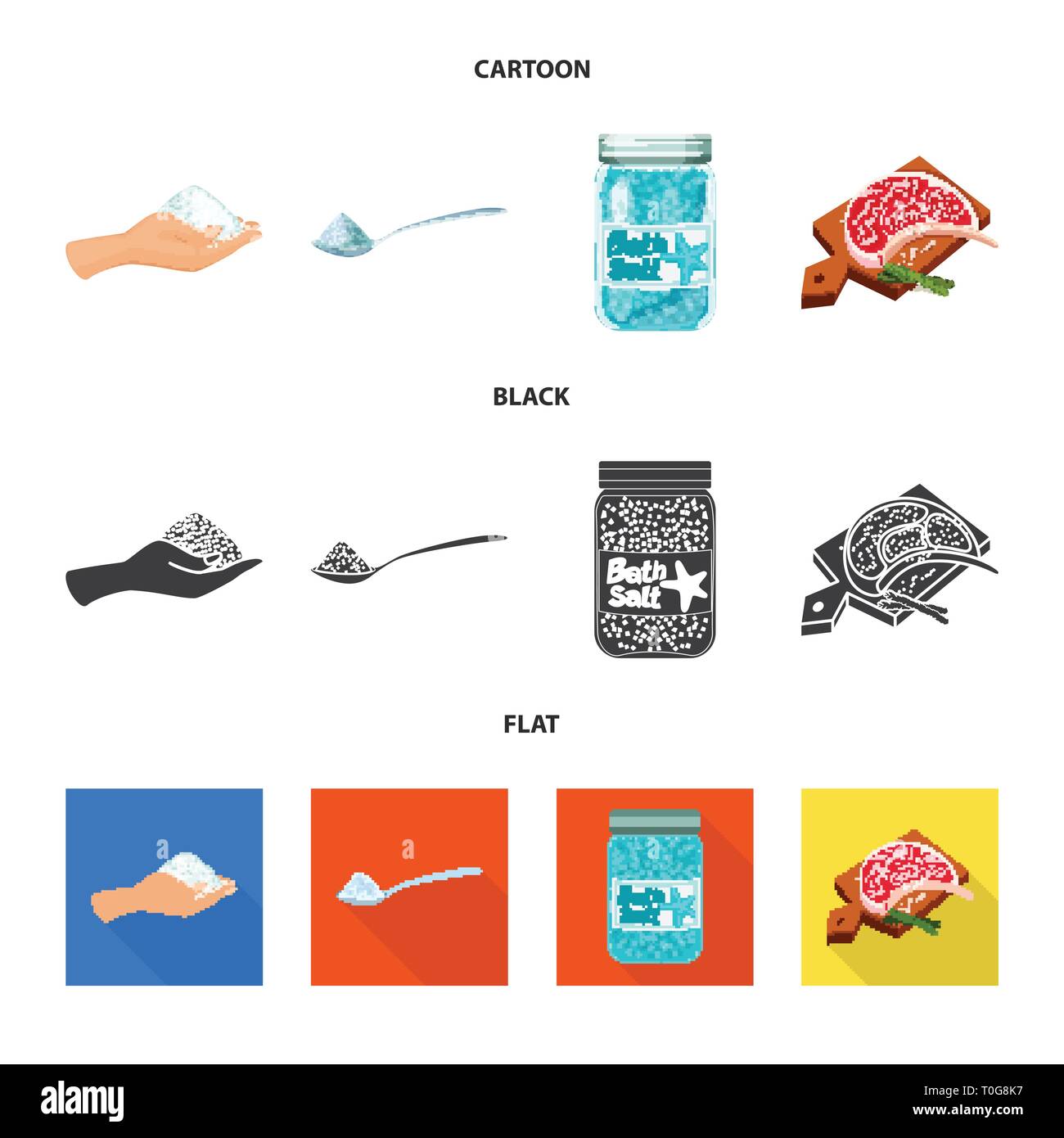 Arm, Löffel, Flaschen, Fleisch, Handvoll, salzig, Board,, Bath, Spa, Restaurant, Gewürze, Vintage, Streuen, Pulver, weiß, Mehl, sauber, Picknick, kochen, Meer, Natur, Backen, Salz, Nahrungsmittel-, Natrium-, Mineral, Raw, Küche, Set, Vector, Icon, Illustration, isoliert, Sammlung, Design, Element, Grafik, Zeichen, Vektor, Vektoren, Stock Vektor