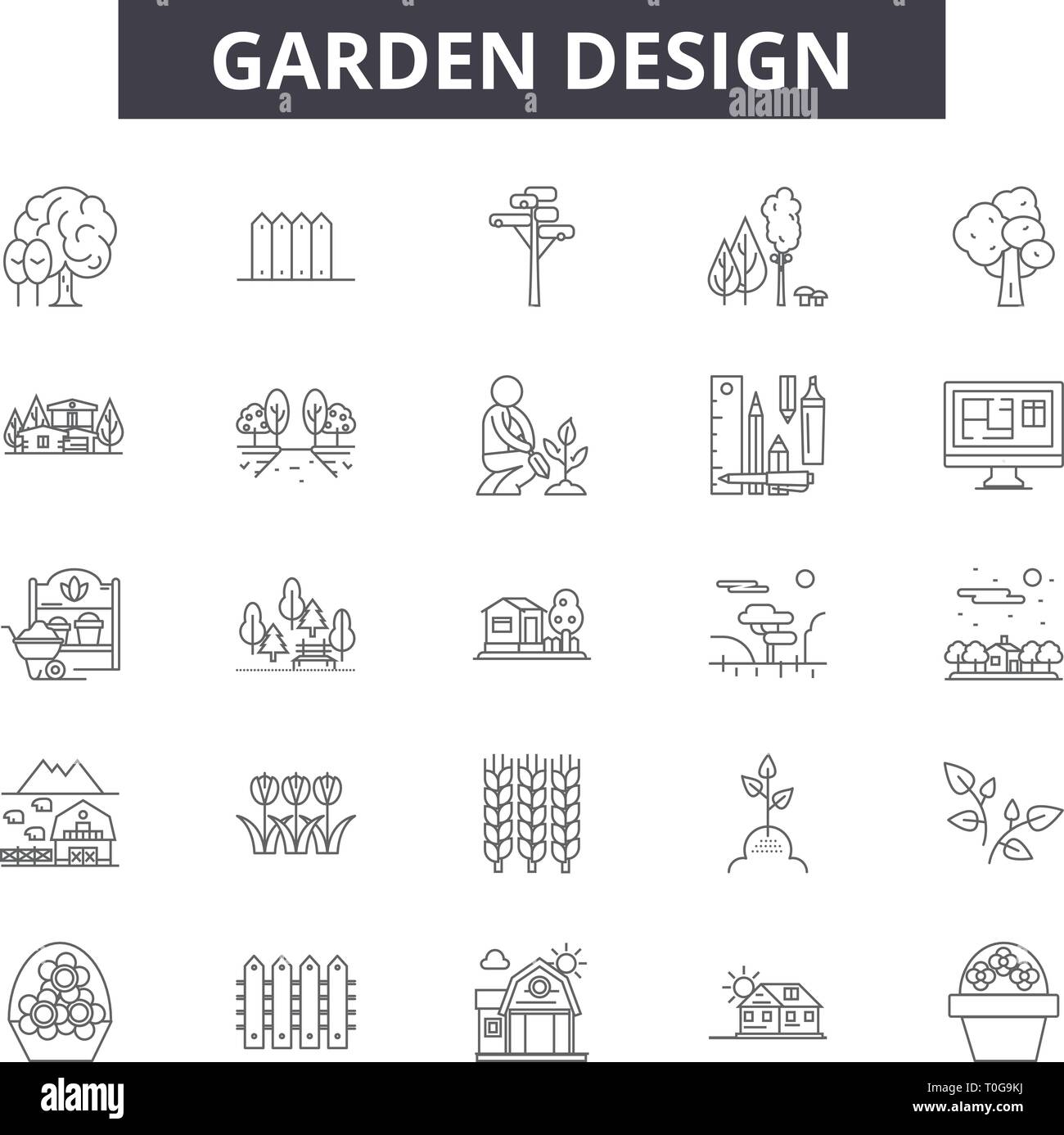 Garten Design line Symbole für Web und mobile Design. Editierbare Schlaganfall Anzeichen. Garten design Entwurfskonzept Abbildungen Stock Vektor