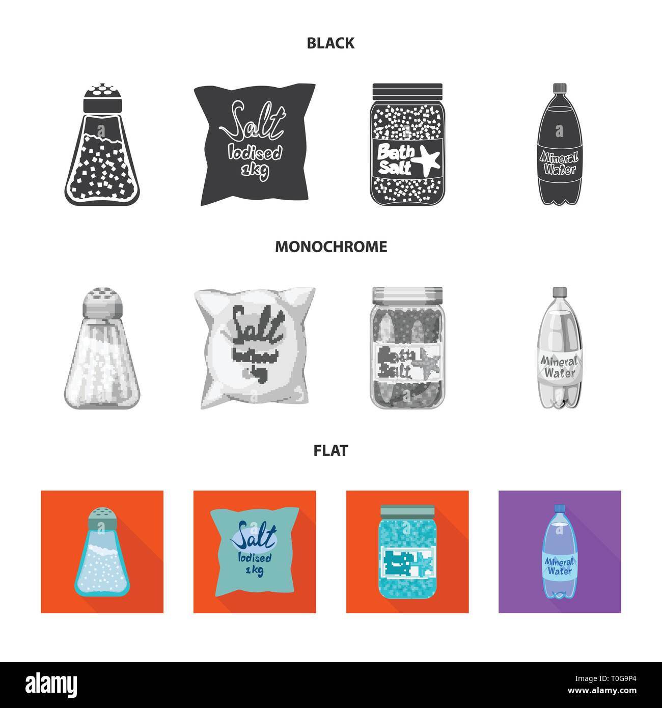 Salzfass, Beutel, Flasche, Wasser, Gewürze, salzig, Badewanne, Glas, Pulver, Wellness, weiß, Vintage, sauber, Körner, Streuen, Container, Mehl, Öl, Behandlung, Stoff, Kunststoff, Kochen, Meer, Natur, Backen, Salz, Nahrungsmittel-, Natrium-, Mineral, Raw, Küche, Set, Vector, Icon, Illustration, isoliert, Sammlung, Design, Element, Grafik, Zeichen, Vektor, Vektoren, Stock Vektor
