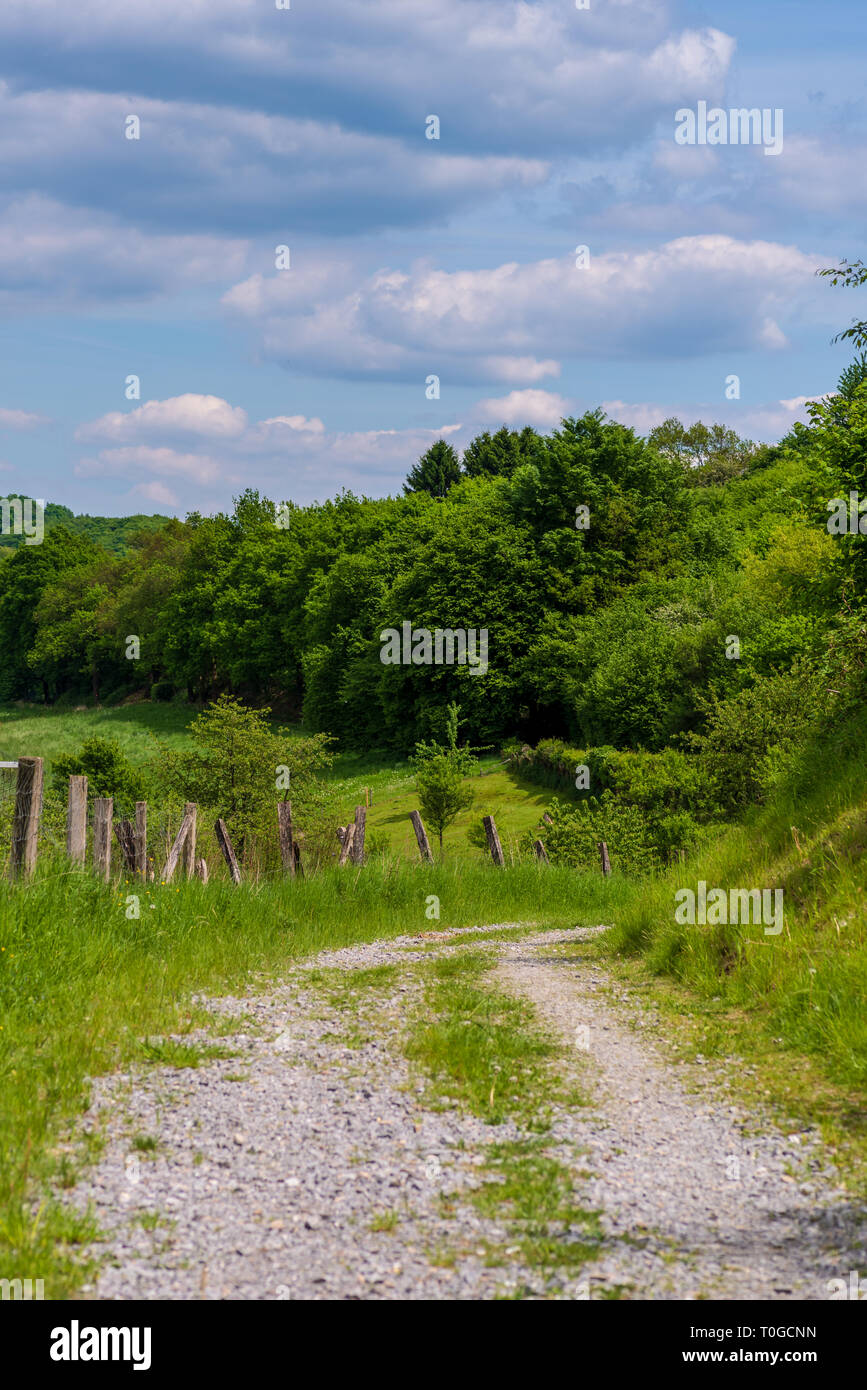 Schotterstraße in den Hügeln von Neviges, Velbert, Deutschland Stockfoto