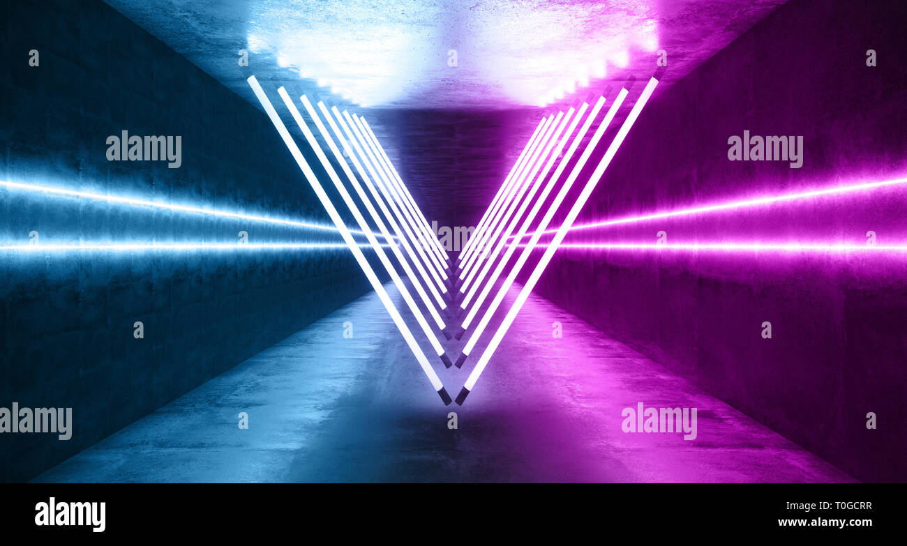 Cyber Triangel Neon Laser Leuchtstoffröhren leuchtende Blau Lila Rosa  leuchtenden Regenbogen auf Grunge konkrete Reflektierende leeren Tunnel  Korridor Alien S Stockfotografie - Alamy