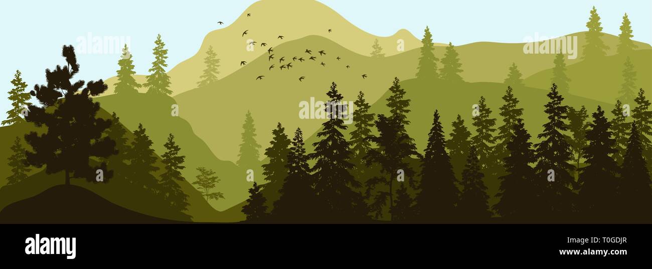 Vector Abbildung: Panorama der Silhouette der Berge und den Wald. Detaillierte alpine Tanne Hintergrund. Stock Vektor