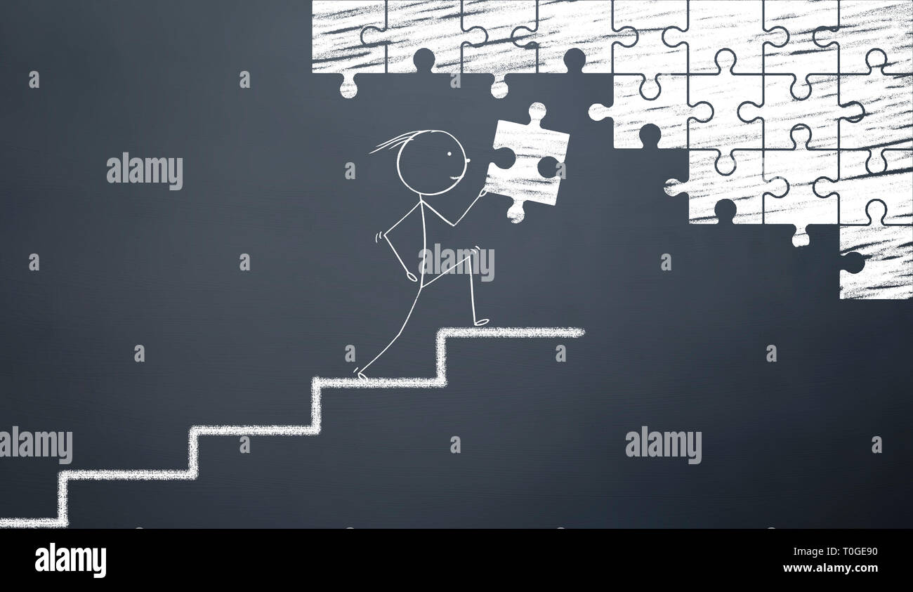 Stickman comlete Puzzle auf der Treppe. Stockfoto