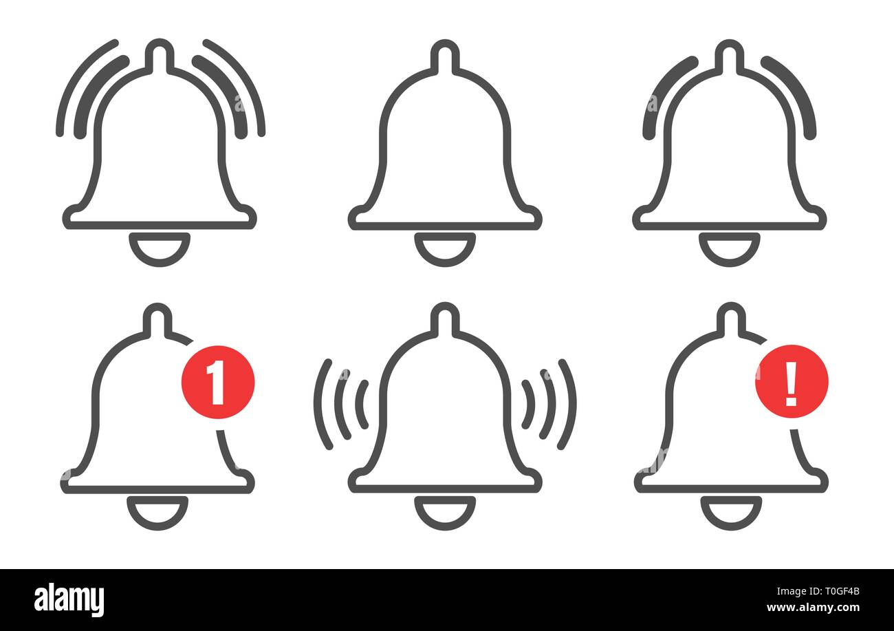 Benachrichtigung Bell. Nachricht Alert Icon Set, Vektor Kontur messaging Alarmerinnerung, einfache Informationen Türklingel ui-Zeile für Symbole Stock Vektor