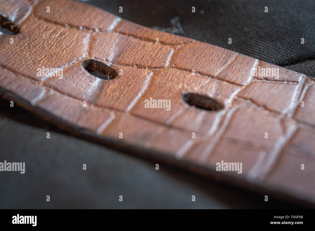 Nahaufnahme eines strukturierten braun Leder Gürtel Stockfoto
