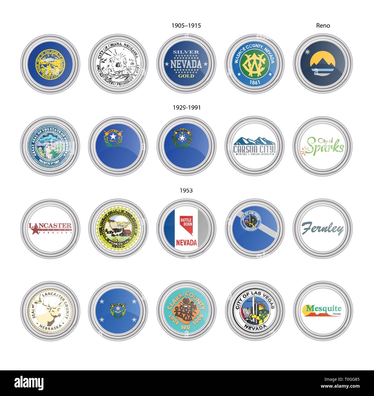 Satz von Vector Icons. Fahnen und Dichtungen von Nebraska und Nevada, USA. 3D-Darstellung. Stock Vektor