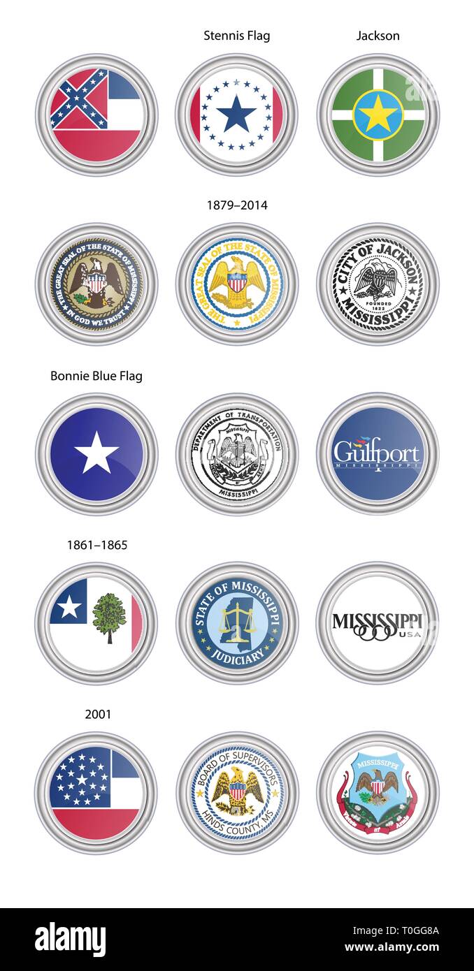 Satz von Vector Icons. Flaggen und Siegel der Mississippi State, USA. 3D-Darstellung. Stock Vektor