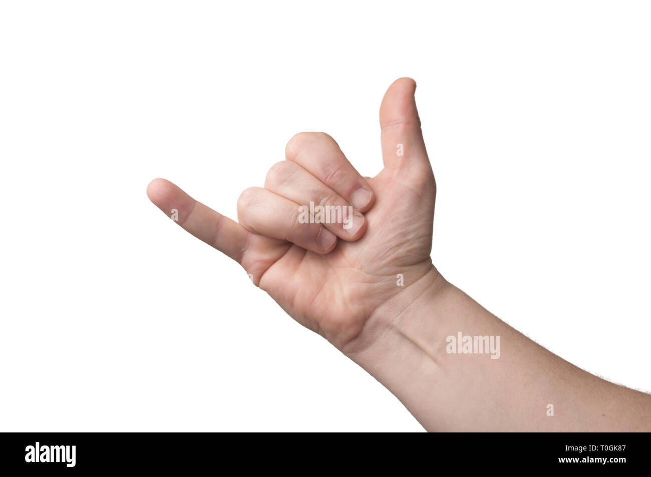 Hand nachahmen shaka Zeichen (lose hängen) auf weißem Hintergrund Stockfoto