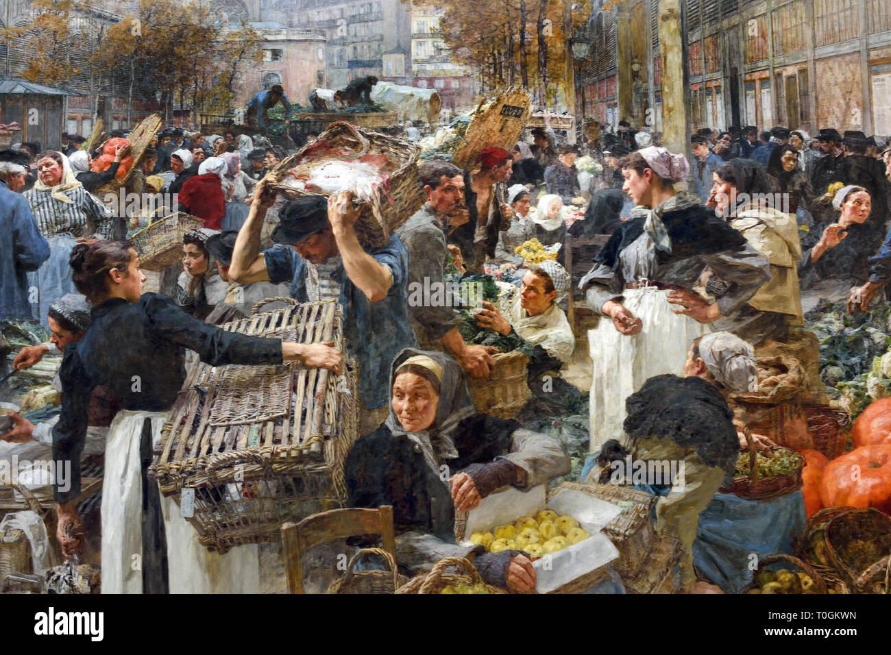 Les Halles 1895 Léon Lhermitte 1844-1925, Französisch, Frankreich. (Les Halles de Paris - Die Hallen, war Paris der zentralen Markt mit frischen Lebensmitteln. Das Hotel liegt im Herzen der Stadt, es wurde 1971 abgerissen und ersetzt mit dem Forum des Halles, einem modernen Einkaufszentrum) Stockfoto