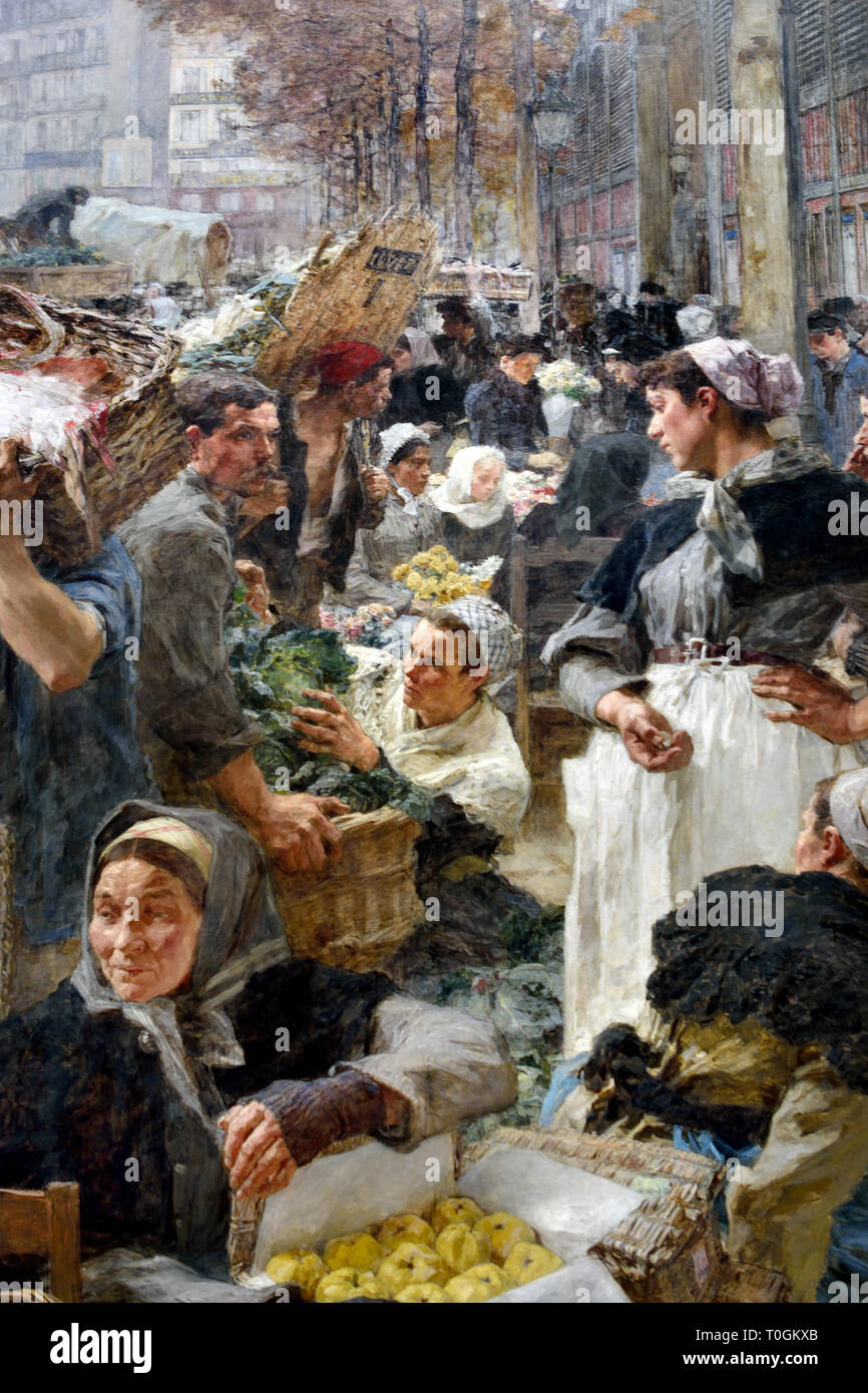 Les Halles 1895 Léon Lhermitte 1844-1925, Französisch, Frankreich. (Les Halles de Paris - Die Hallen, war Paris der zentralen Markt mit frischen Lebensmitteln. Das Hotel liegt im Herzen der Stadt, es wurde 1971 abgerissen und ersetzt mit dem Forum des Halles, einem modernen Einkaufszentrum) Stockfoto